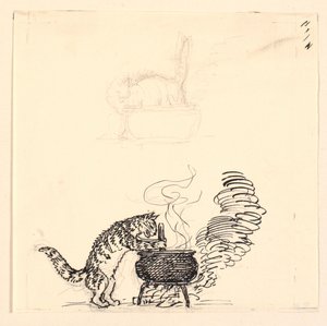 Illustration til "Den tykke kat" samt skitse af Niels Skovgaard