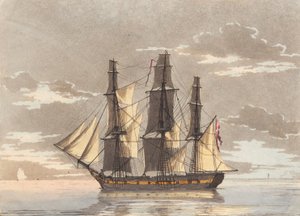 En dansk fregat med alle seil til i et roligt havblik af Niels Truslew