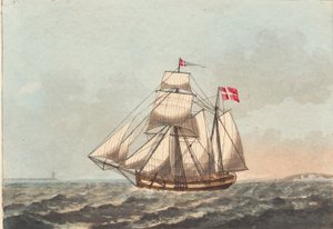 En dansk galease, at see i læ, med sidevind af Niels Truslew
