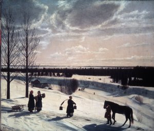 Vinterscene, russisk vinter (Vinterscene, russisk vinter). Beskrivelse af et snelandskab i aftenlyset, med figurer på vejen: en fører en hest og kvinder, et læs spande og to andre taler nær en slæde. pei