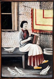 Sona Gorashvili spiller harmonika af Pirosmani, Niko (1862-1918). Olie på pap, størrelse: 109x71