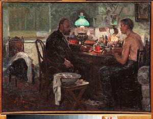 Chez le medecin (At The Doctor) - Maleri af Nikolai Alexandrovich Yaroshenko (Yaroshenko) (1846-1898), olie på lærred, russisk kunst