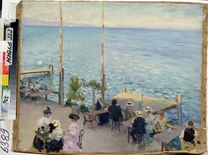 Genevesøen, Genève (Schweiz), cafe. (Genèvesøen. Cafe). Maler af Nikolai Alexandrovich Klodt (1865-1918), olie på lærred af Nikolai Alexandrovich Klodt