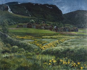 Juninat og gammel vestnorsk gård (olie på lærred) af Nikolai Astrup