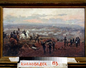 Angreb på de grønne bakker - Episode fra Krimkrigen (1853-1856) - Maleri af Nikolai Dmitrievich Dmitriev Orenbourgsky (Dmitriev-Orenbourgsky eller Dmitriev Orenburgsky eller Dmitriev-Orenburgsky) (1837-1898), olie på træ af Nikolai Dmitrievich Dmitriev Orenburgsky
