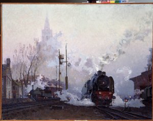 På vejen (på vej). Damplokomotiver drukner bylandskabet i røgen fra deres skorstene. Maleri af Nikolai Dmitryevich Kuznetsov (1923-1974), olie på lærred af Nikolai Dmitrievich Kuznetsov