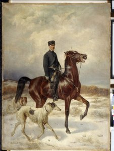 Jægeren (Jægeren). Til hest og ledsaget af sine Barzoi-hunde (russisk mynde). Maleri af Nikolai Yegorovich Sverchkov (Nicolas Swertschkoff) (1817-1898), olie på lærred. russisk kunst