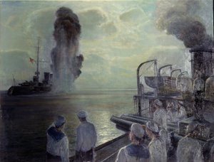 Russisk revolution i 1917: Den russiske sortehavsflåde sænker sine egne skibe den 18. juni 1918. (Sortehavsflådens selvsænkning den 18. juni 1918). Maleri af Nikolai Eviampievich Bublikov (1871-1942), olie på lærred af Nikolai Evlampievich Bublikov