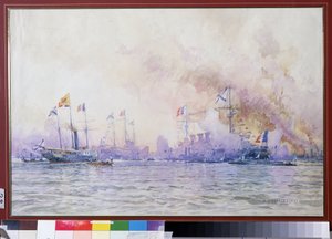 Den franske eskadrons ankomst til Krondstadt i 1893. Maritime landskab, med realistisk beskrivelse af de franske flådestyrker (krigsskibe, fregatter og korvetter), efter den fransk-russiske alliance af Nikolai Nikolaevich Gritsenko