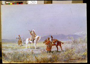 Falkejagt (Falkejagten). Centralasiatiske ryttere træner falke til jagt i stepperne. Maleri af Nikolai Nikolayevich Karasin (1842-1908), olie på lærred af Nikolai Nikolaevich Karazin