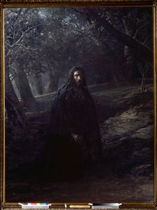 ""Kristus i Oliehaven"" Jesus på Oliebjerget (eller Getsemanis bakke), der dominerer Jerusalem, bevæger sig væk fra de sovende disciple for at bede, før han arresteres. Maleri af Nikolai Nikolayevich Ge (Gay) (1831-1894) 1869-1880 State Tre