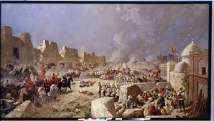 Den russiske hær invaderer Samarkand (Usbekistan) (Den russiske hær invaderede Samarkand). Periode med russisk ekspansion til Centralasien, russerne indtager Samarkand i 1868. Maleri af Nikolai Nikolayevich Karasin (1842-1908), olie på lærred 1888. Kunst