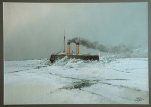 Det russiske isbryderskib Iermak (Icebreaker Yermak) - Værk af Nikolai Nikolayevich Karasin (1842-1908), akvarel og hvidt på papir (45,4x76 cm)