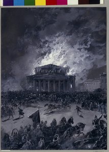 Bolshoi-teatrets brand i Moskva (Rusland), 11. marts 1853 (bevægelse af menneskemængden foran bygningen og ankomsten af ​​brandmænd) - Værk af Nikolai Nikolayevich Karasin (1842-1908), gouache på papir - russisk kunst , anden halvdelen af ​​det 19. århundr