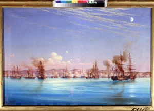 Den fransk-britiske eskadrons bombardement af Sebastopol i 1854. (Bombardement af Sevastopol fra den britiske franske eskadrille i 1854). Episode af belejringen af ​​byen fra 1854 til 1855, under Krimkrigen mellem koalitionen af ​​osmanniske imperier, f. af Nikolai Pavlovich Krasovsky