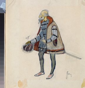 Forberedende kostume, The Miserly Knight, til teaterstykket ""The Avare Knight"" af Alexander Pushkin (1799-1837) (Kostumedesign til teaterstykket The Miserly Knight af A Pushkin) - Værk af Nikolai Pavlovich Ulyanov (Ulyanov) ( 1875-1949), cra