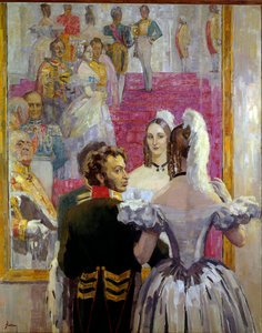 Den russiske digter Alexander Pushkin (Pushkin) (1799-1837) og hans kone Natalia Gontcharova (Goncharova) ved Anichkof Palace Ball. Maleri af Nikolai Pavlovich Ulyanov (Ulyanov) (1875-1949)