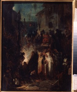 Autodafe (Autodafe). Gadebillede, om natten, efter inkvisitionsrettens dom, samles menneskemængden og de gejstlige omkring bålet. Værk af Nikolai Petrovich Lomtev (1816-1859), olie på pap. russisk kunst af Nikolai Petrovich Lomtev