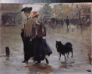A Stroll (A Stroll) - Maleri af Nikolai Kornilovich Pimonenko (1862-1912), olie på lærred