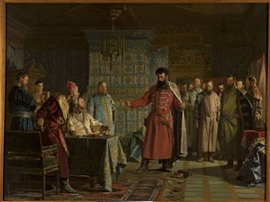 La querelle de Zakhary Petrovich Lyapunov (mort apres 1612) avec le tsar Vassili IV Chouiski (1552-1612) au Kremlin - Zakhary Lyapunovs skænderi med zar Vasili Shuisky i Kreml, af Nevrev, Nikolai Vasiich- (90430ev). Olie på lærred af Nikolai Vasilievich Nevrev