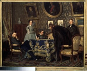 Afdelingen. Karakterer, der så flov og skamfuld ud, samlet sig omkring et bord i et borgerligt interiør. Maleri af Nikolai Vasilyevich Nevrev (1830-1904)