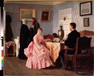 Matchmakingen. Møde organiseret omkring en kop te, til afholdelse af brylluppet for et ungt par. Maleri af Nikolai Vasilyevich Nevrev (1830-1904), olie på lærred