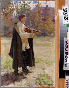 House sang. Soldat spiller violin. (Hjemsang. Soldat, der spiller violin). Maleri af Nikolai Alexeyevich Kasatkin (Kasatkin) (1859-1930), olie på lærred