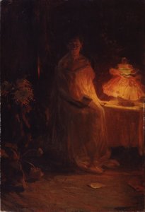 Et brev (A Letter). En trist kvinde, med et meget melankolsk ansigt, i natkjole, nær en sengelampe, holder et brev, hvis konvolut er faldet på gulvet. Maleri af Nikolai Alexeyevich Kasatkin (Kasatkin) (1859-1930), olie på lærred