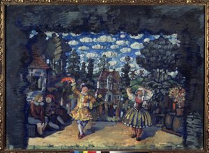 Hotel ved Green Bull. Forberedende indretning til skuespillet ""hollænderinde Lisa"" af Mikhail Kouzmin (1875-1936). Værk af Nikolai Nikolayevich Sapunov (Sapunov) (1880-1912), tempera på pap