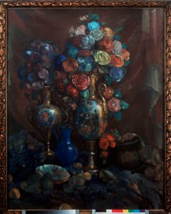 Nature morte (Vaser, fleurs et frugter) - Stilleben (vaser, blomster og frugter) - Kunstværk af Nikolai Nikolayevich Sapunov (Sapunov) (1880-1912), tempera på lærred