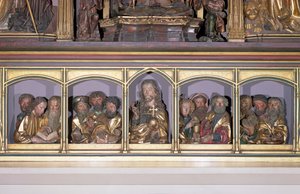 Træudskæringer af Kristus og de tolv apostle, fra predellaen af Isenheim-altertavlens retabel, ca. 1490 (malet træ)