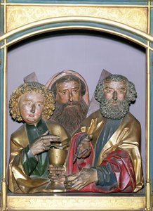 Træudskæringer af SS. John, Andrew og Peter, fra predellaen af Isenheim-altertavlen, ca. 1490 (malet træ)