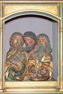 Træudskæringer af SS. Paulus, Matthæus og Thomas, fra predellaen i Isenheim-altertavlen, ca. 1490 (malet træ)