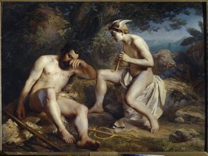 Mercury and Argus - Mercury Lulling Argus to Sleep - Koshelev, Nikolai Andreyevich (1840-1918) - 1864 - Olie på lærred - 138x179 - Museum of Fine Arts Academy, Skt. Petersborg. Sankt Petersborg af Nikolay Andreyevich Koshelev