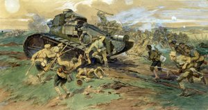 Erobringen af ​​en tank på Krim. Kampscene under den russiske borgerkrig (1917-1923), der modsatte den hvide hær til de røde garder. Værk af Nikolai Semyonovich Samokish (1860-1944), akvarel på papir af Nikolay Semenovich Samokish