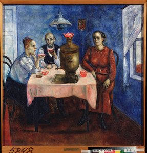 Tea time (Scene fra det daglige liv, en trist familie drikker te samlet omkring en samovar) - Tedrikning - Maleri af Nikolai Vladimirovich Sinezubov (Nicolas Sinezouboff) (1891-1956), olie på lærred af Nikolay Vladimirovic Sinezubov