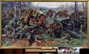 Det russiske kavaleri angreb det tyske artilleri i 1915 (Det russiske kavaleri angreb det tyske artilleri i 1915). Maleri af Nikolai Yakovlevich Borisov (1873-1942). Olie på lærred, 75 x 142 cm, russisk kunst fra begyndelsen af ​​det 20. århundrede. Staten af Nikolay Yakovlevich Borisov