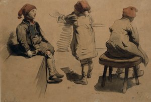 Drenge med nissehætter (akvarel på papir) af Nils Bergslien
