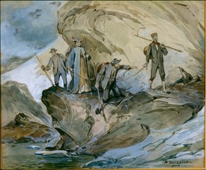 Vandring over Hardanger-gletsjeren (akvarel på papir) af Nils Bergslien