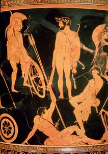 Herakles og græske helte, detalje fra en attisk rød-figur calyx-krater, ca. 490 f.Kr. (keramik) (se også 92577 og 19106) af Niobid Painter