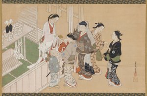 Spædbarns første besøg i en Shinto-helligdom, Edo-perioden, slutningen af det 17.-begyndelsen af det 18. århundrede.