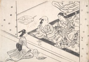 Lady Playing Shamisen, med hendes elsker og ledsager i nærheden.