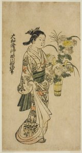 Ung pige, der bærer et blomsterarrangement af Nishikawa Sukenobu