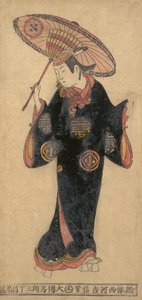 Skuespilleren Arashi Wakano som wakashu-ungdom i en kappa-regnfrakke, ca. 1725., ca. 1725. af Nishikawa Yoshinobu