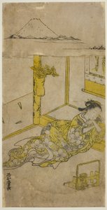 Sovende ung kvinde med Fuji-bjerget ovenover af Nishimura Shigenaga