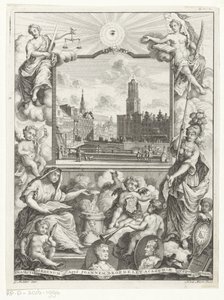 Stadsgezicht met Domkerk te Utrecht en allegorie met Utrechtse stedenmaagd Titelside for: Elias de Vries, Dissertatio juridica, de jure naturale ac gentium, seu duobus prioribus juris fontibus, 1745. af Noach van der Meer (I)