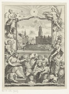 Stadsgezicht met Domkerk te Utrecht en allegorie met Utrechtse stedenmaagd Titelside for: Elias de Vries, Dissertatio juridica, de jure naturale ac gentium, seu duobus prioribus juris fontibus, 1745. af Noach van der Meer (I)