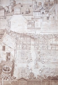 En have til et byhus, med parterre og pergola med vinranker, omgivet af bygninger, ca. 1677 (pen og brun blæk med brun vask)