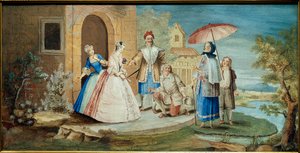 Komiker og dramatiker Jean Baptiste Poquelin dit Moliere (et knæ til jorden) og hans komikere i stykket Georges Dandin ou le mari forvirret””” i 1668. Julemaleri Coypel (1628-1707) 1668 Collection Jacques Lorcey