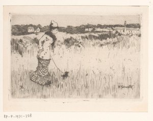 Vandrende dame med hund i et landskab af Norbert Goeneutte